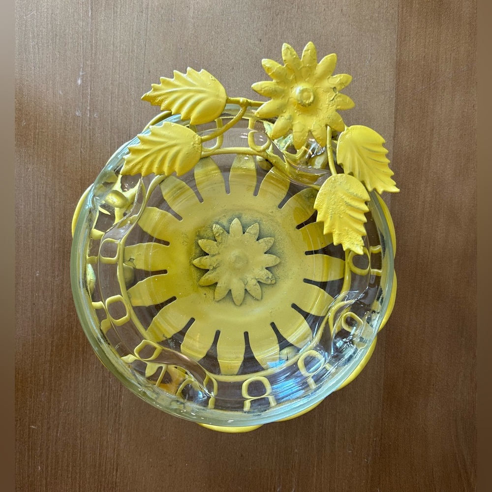 Glass Ashtray With Metal Sunflower Holder Made In The 60s